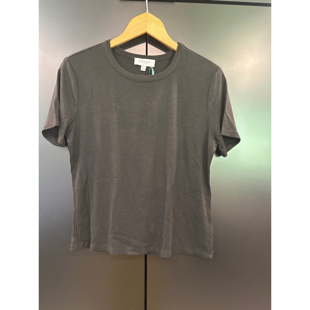 Gilli Chaney Black Short Sleeve Ribbed Tee Shirt Womens Large New